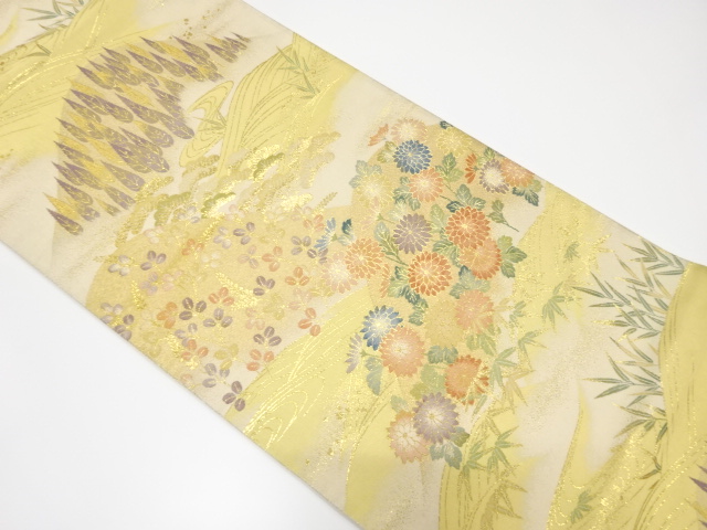 遠山に樹木・草花・流水模様織出し袋帯